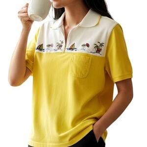 🛖🌴 Vintage Yellow Polo Shirt 🌺 Tropical Embroidery | Petite Small